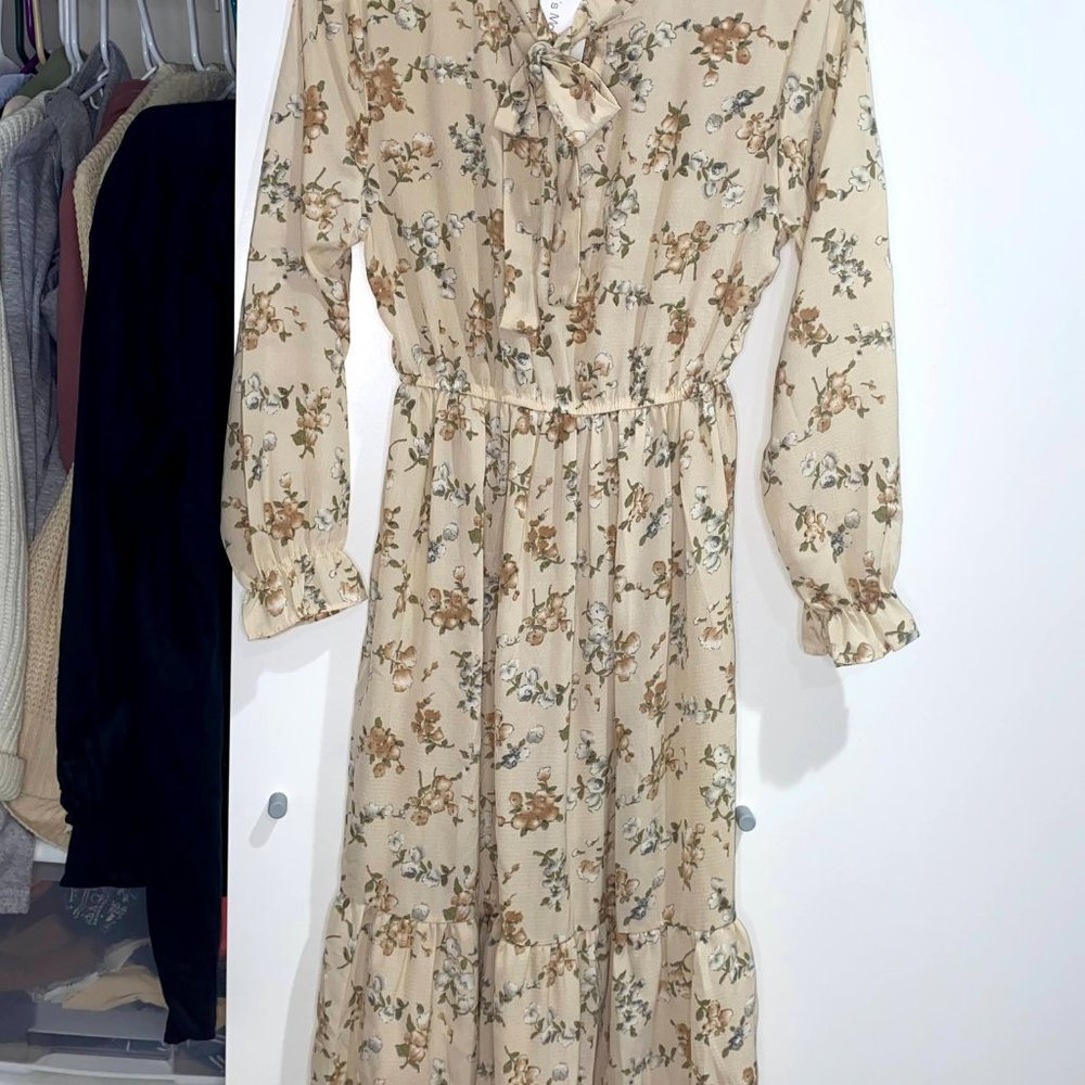 Women Long Sleeve Vintage Floral Chiffon Dress